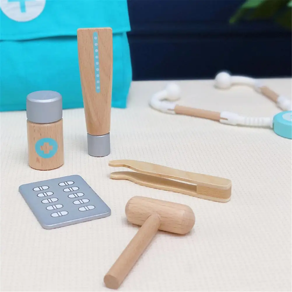 17Pcs Set Children Wooden Doctor Case Role Play Pretend Toy Set With Stethoscope Otoscope And Dental Mirror Toy Kids Gifts