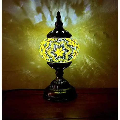 

LaModaHome New E14 Hand-Inlaid Turkish Mosaic Table Lamp,Vintage Art Deco, Handcrafted Lamp, glass Romantic Bed Light with Bronze