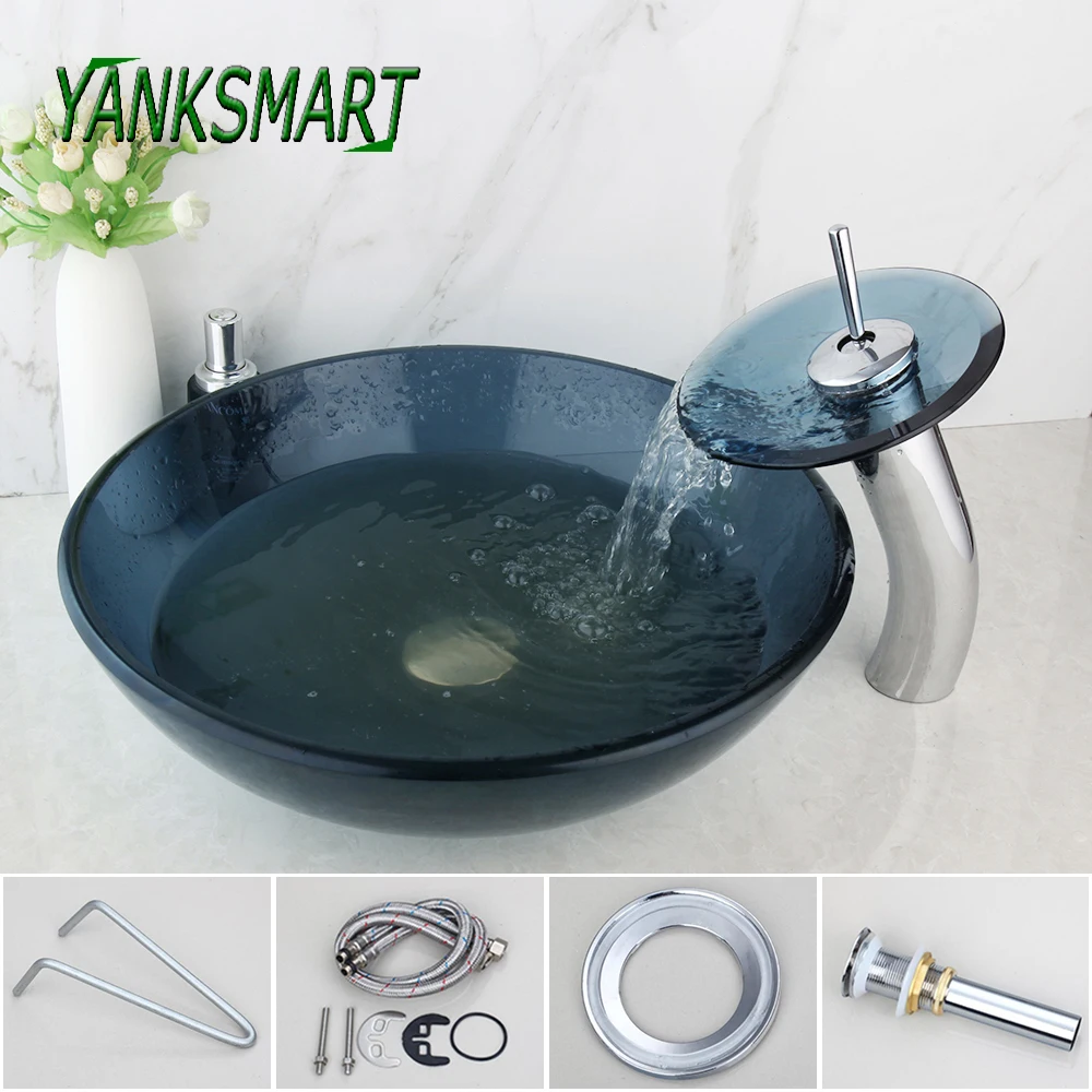 

YANKSMART Round Tempered Glass Hand Painted Waterfall Spout Basin Sink Tap Bathroom Sink Wash Basin Bath Faucet Set Mixer Tap