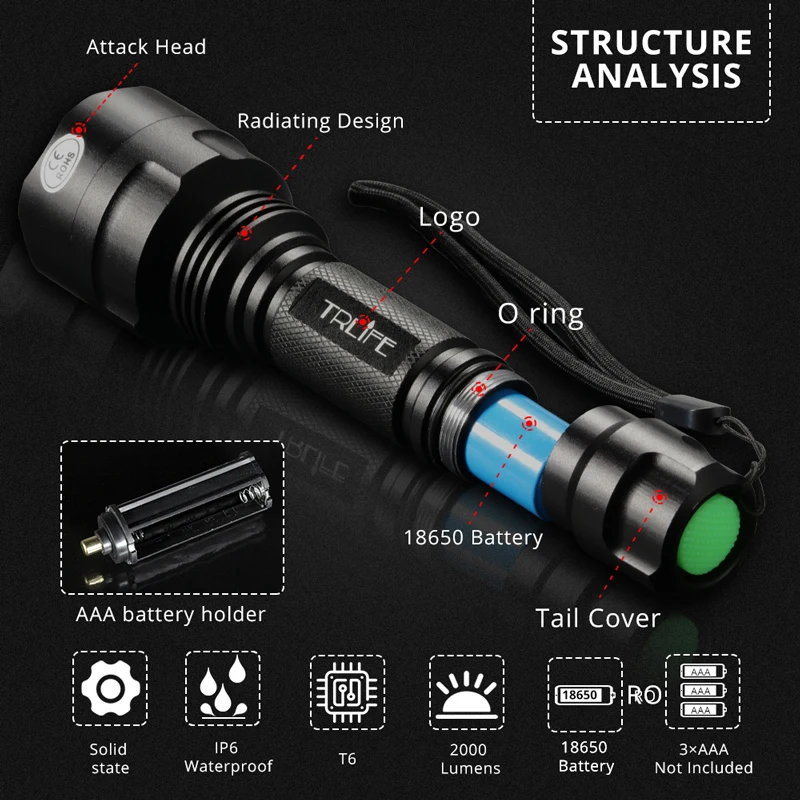 8000LM C8 Strong Light Flashlight LED Long-range 18650 Rechargeable Lighting T6/L2 Waterproof Riding Self-defense Cycling Torch