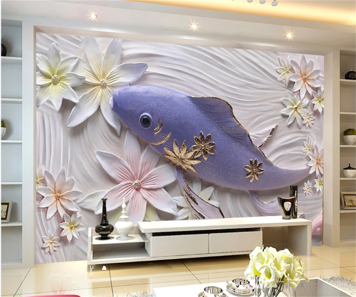 

European and American 3D Flower Goldfish Relief Background Wall Sandstone Mural Customize Any Size 3D Wallpaper Mural papel