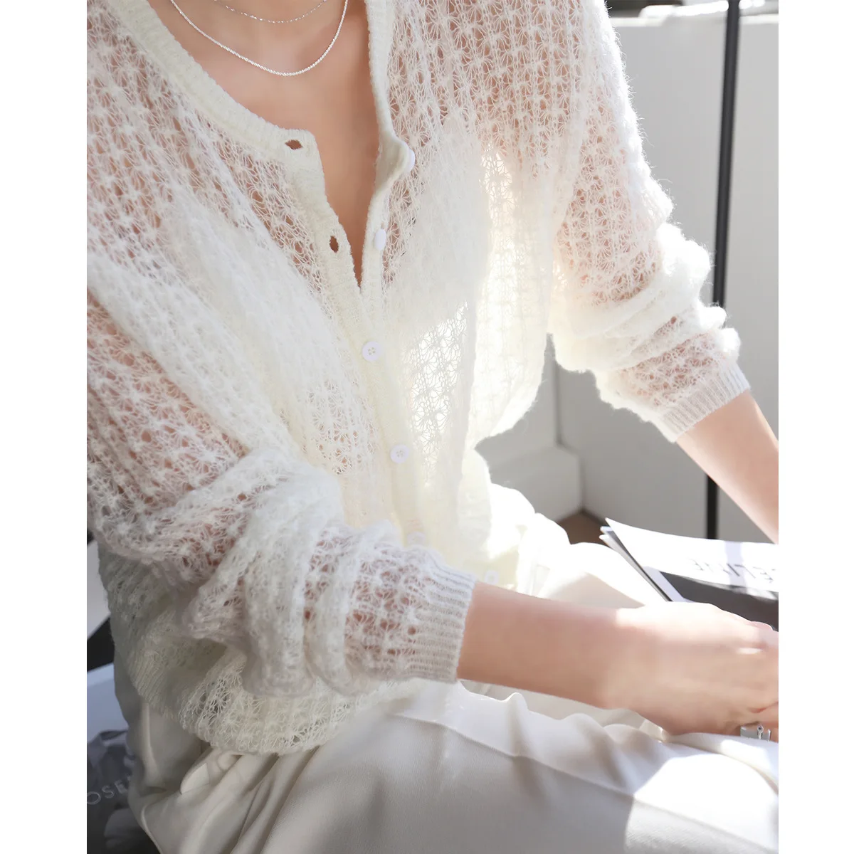 French Gentle Wind Minority Mohair Hook Flower Hollow Breathable Thin Knit Cardigan Sweater 2021 Spring and Summer Women