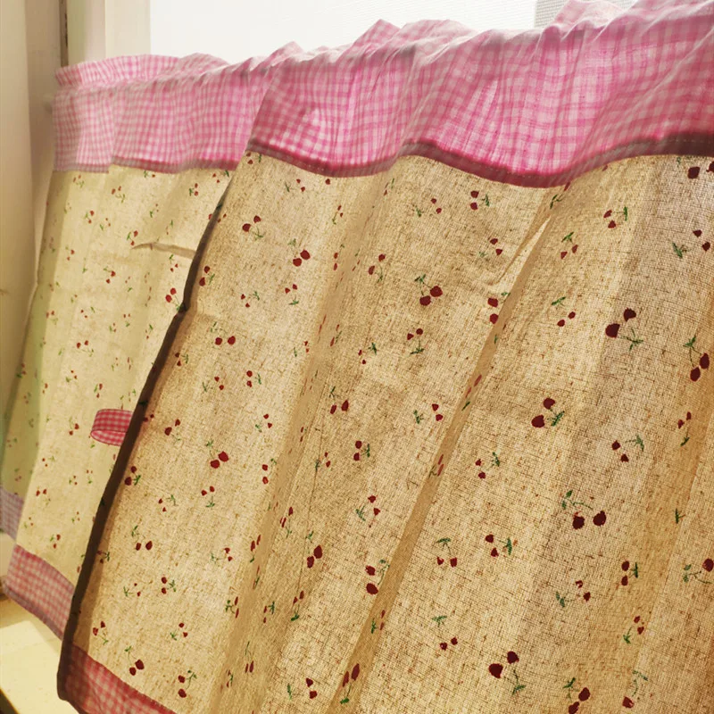 Cortinas curtas estampadas em algodão e linho, pequeno, rosa, verificado, pano, decorativo, gabinete, café