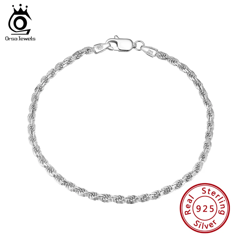 ORSA JEWELS 925 Sterling Silver Italian Diamond-Cut Braided Rope Chain Bracelet for Men Women Punk Bracelets Jewelry SB101