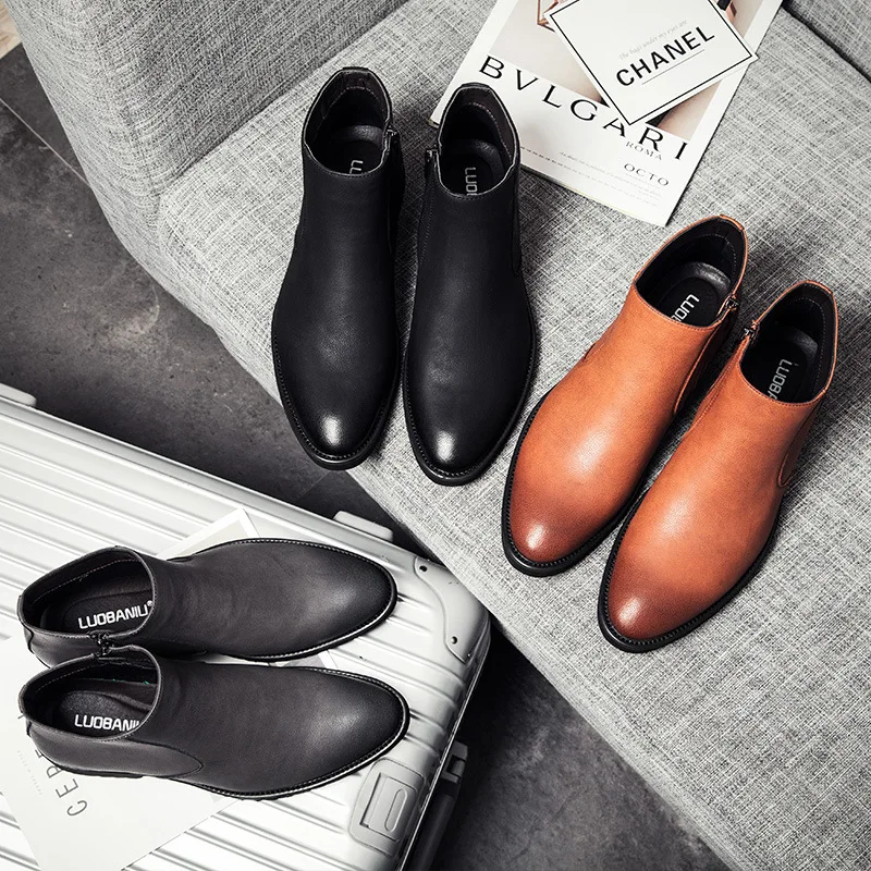 Spring Fashion Leather Men Boots Convenient Zip Pointed Toe Business Dress Boots Shoes Men Black Brown Ankle Boots Men rtg5