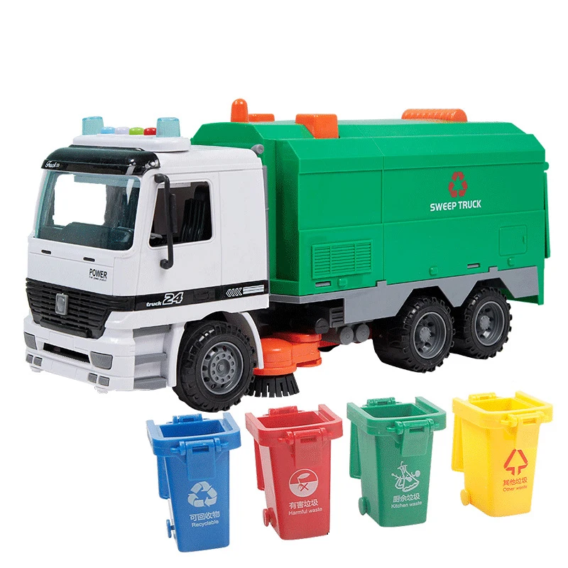 Large Size Children Simulation Garbage Orange Truck Sanitation Car Vehicle Toy Kid toys With 1 Garbage Can Hand cranking Operate