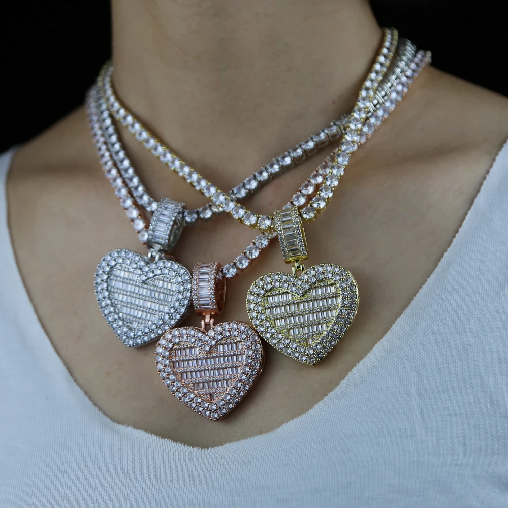 Ciondolo con ciondolo a forma di cuore con medaglione ghiacciato può essere aperto foto fai-da-te Hip Hop 5A Cubic Zirconia CZ collana a catena da