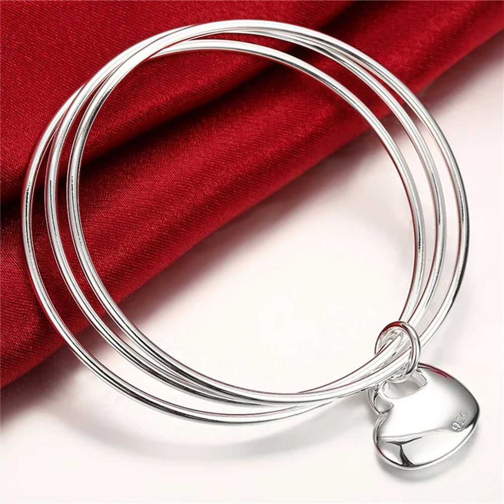 

925 Sterling Silver Three Round Love Heart Bangles Bracelets For Women Wedding Luxury Jewelry