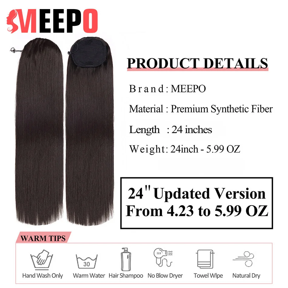 MEEPO Long Straight Synthetic Chip In Hair Extension Ponytail Hairpiece 24Inch 60CM Blonde Straight Pony Tail Wig  for Women