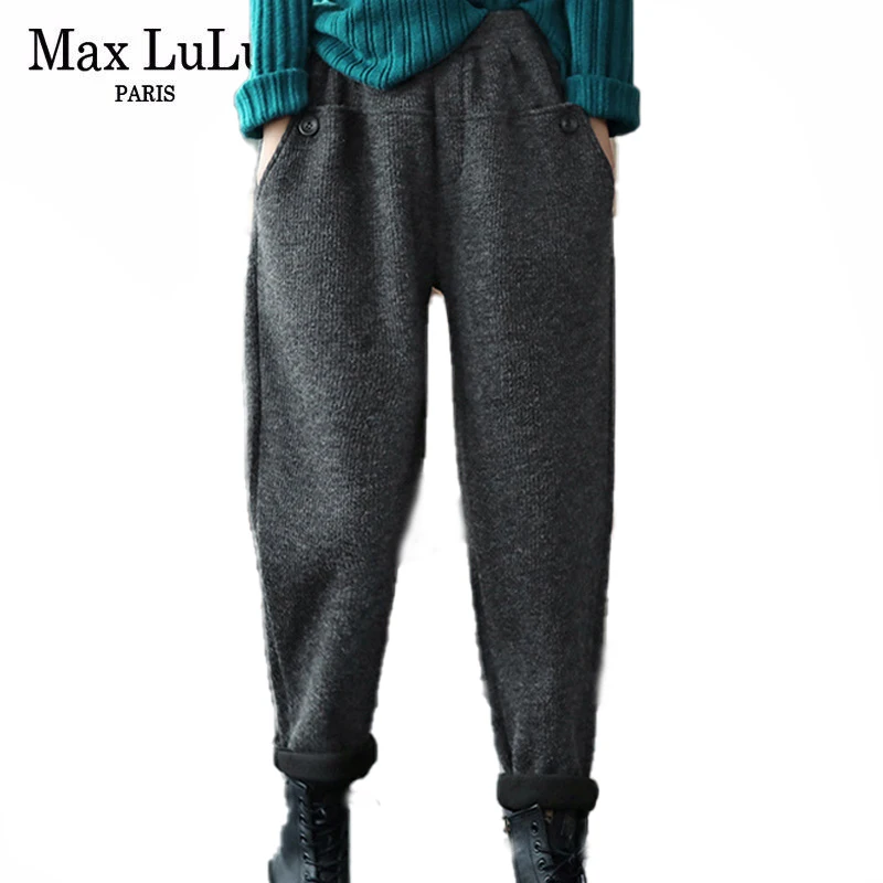 Max LuLu Women 2021 Winter Solid Vintage Padded Harem Pants European Style Fur Elastic Design Elegant Trousers Casual Pantalons