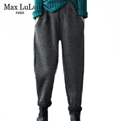 Max LuLu Women 2021 Winter Solid Vintage Padded Harem Pants European Style Fur Elastic Design Elegant Trousers Casual Pantalons