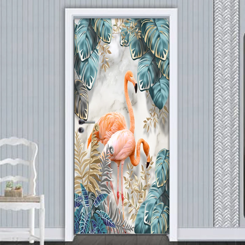 PVC Waterproof Self-adhesive 3D Door Sticker Tropical Leaf Flamingo Decal Mural Living Room Door Decor Art Wall Sticker Poster