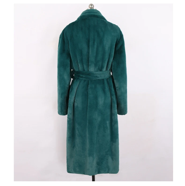 Nerazzurri Winter Long Green Warm Soft Loose Fluffy Faux Fur Coat Women Belt Lapel Elegant Luxury Designer Korean Fashion 2021