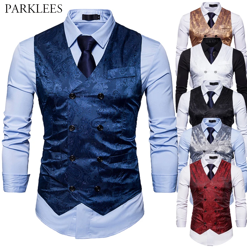 Men\'s Gentleman Formal Slim Fit Double Breasted Dress Suit Vests 2022 Fashion Paisley Print Men Vest Waistcoat Colete Masculino