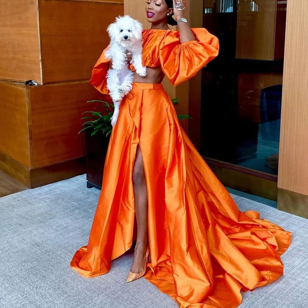 Stunning Orange Satin Prom Skirt for Women Custom Made High Split Maxi Skirt with Long Train High Waist Draped Wedding Skirts