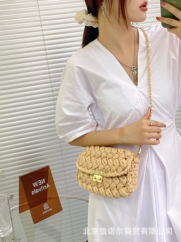 Women\'s 2021 Bag Cloth Crochet Woven Bag Hand Made Woven Chain Lock Women\'s Crossbody Single Ladies\' Shoulder Bag New