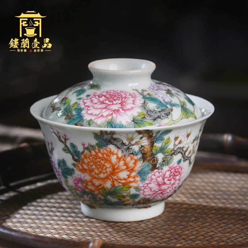 

|Jingdezhen ceramic all hand-painted pastel peony only two to three tureen tea bowl of kung fu tea set with cover single