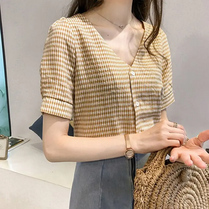 Hot 2019 V-hals Vrouwen \'s Shirts blusas mujer de moda Vrouwelijke Blouse Shirt Korte Mouw Plaid Casual Blusa feminina Lady Kleding