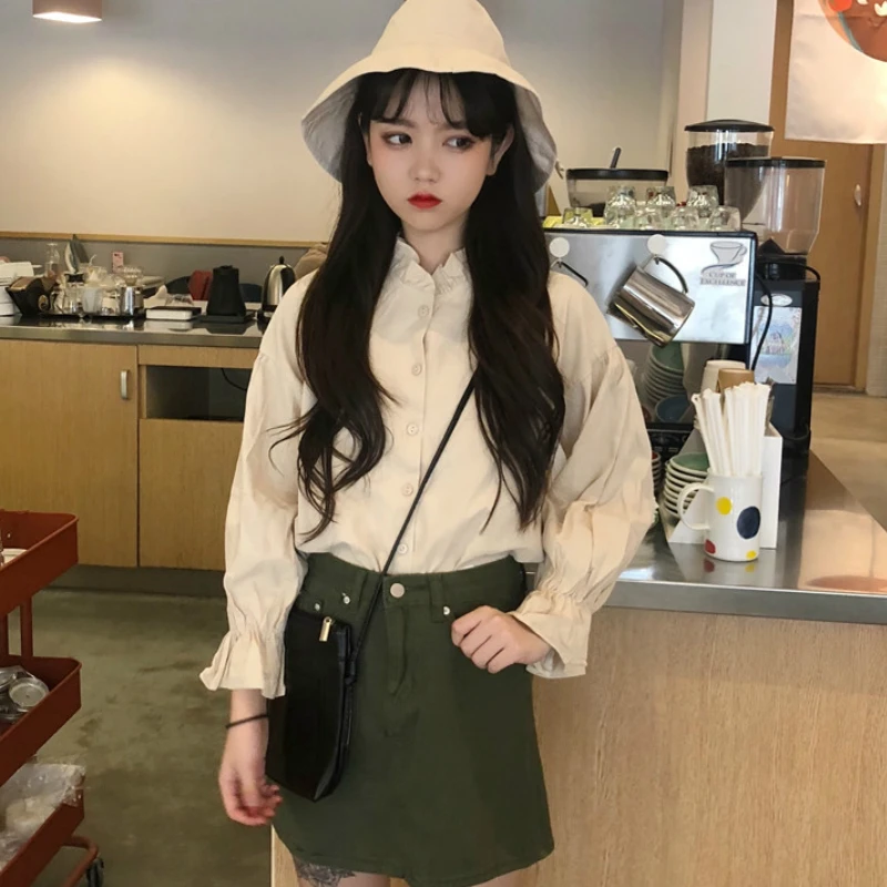 Shirts Women Ruffle Flare Long Sleeve Solid Simple Students Slim Womens Korean Style Harajuku Elegant Shirt Blouses Casual Chic