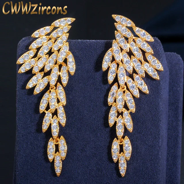 CWWZircons-pendientes largos de circonita cúbica chapada en oro de 18k para mujer, aretes colgantes de plumas, joyería Bohemia, CZ640