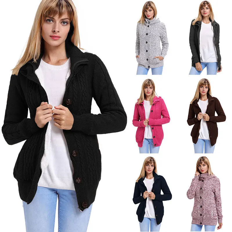 Single Breasted Women Winter Outwear Casual Sweater Plush Jacket Hot Sale Knnited Sweaters Solid Color Hooded Long Sleeve Coat20