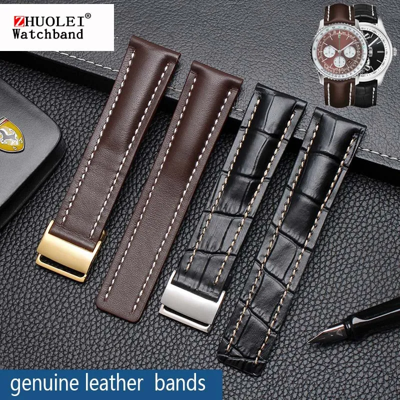 22mm 24mm High Quality Genuine Leather Strap Watch Band For Breitling mens watch cow leather bracelet with Deployment buckle