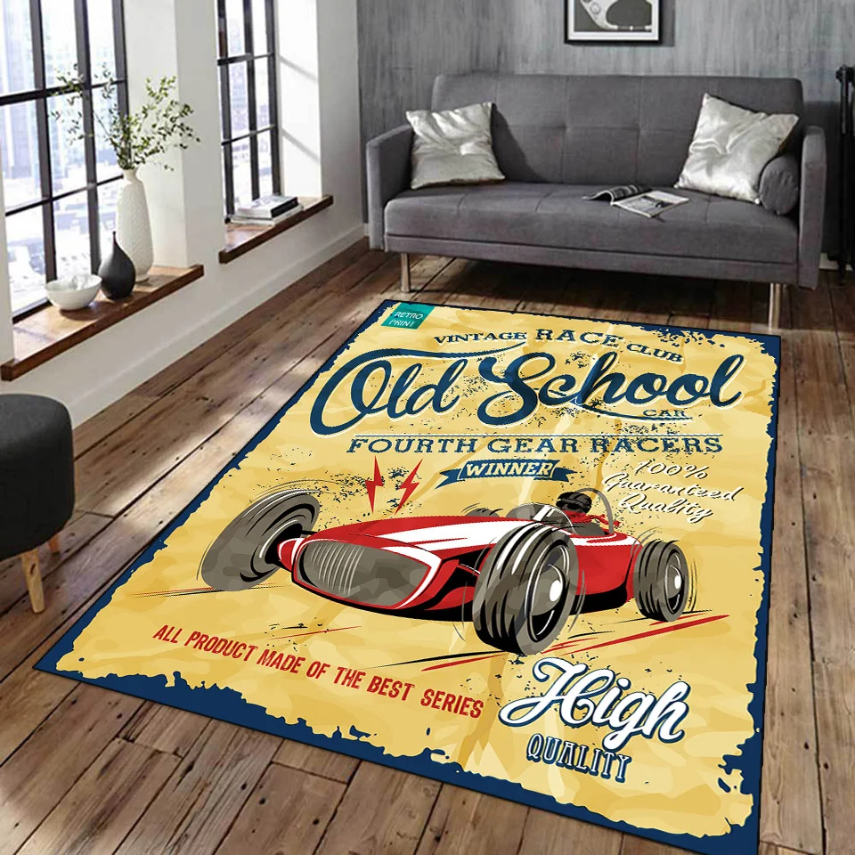 Vintage Classic Motorcycle Garage 3D Printed Carpet Living Room Retro Race Car Large Rug Home Decor Bedroom Non-Slip Floor Mat