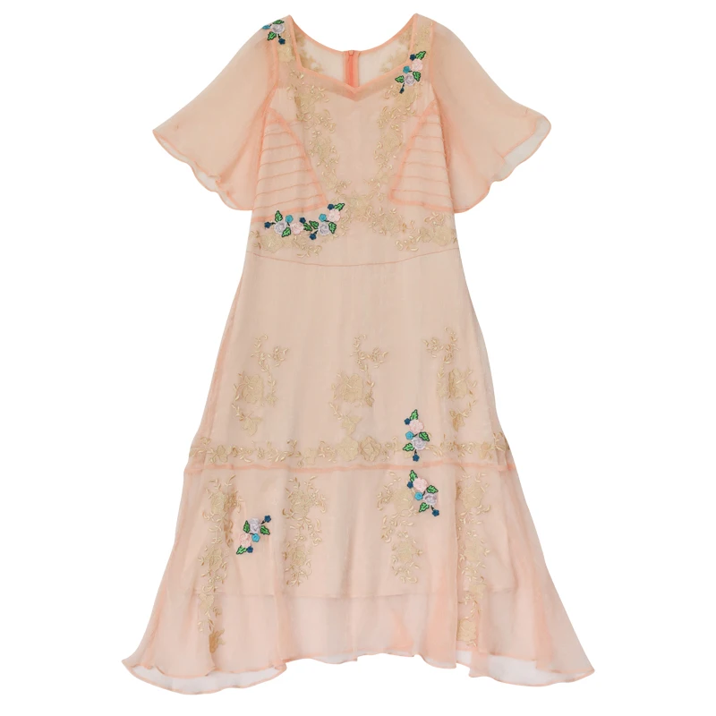 Summer Women Vintage Elegant Slim Mori Girl Sweet Midi Retro Lady Embroidery Flare Sleeve Pink Chiffon Long Dress