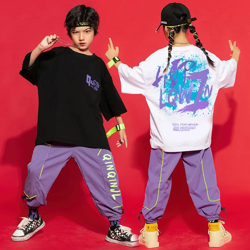 

Stage Competition Costumes Loose Children Hip Hop Dance Clothes Girls Boys Black White Jazz Hiphop T-shirt Purple Sweatpants