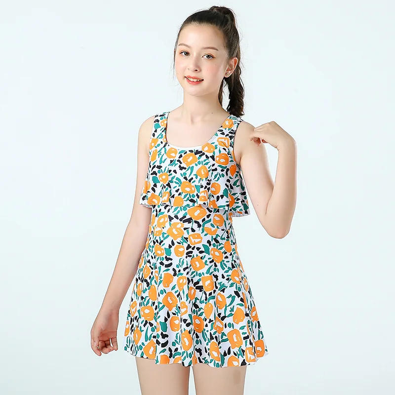 2022 New Fashion Print Sleeveless Backless Sweet Toddler Girl Swimsuit Collect Waist Slim Quick Dry Children Swimwear Beach Wear