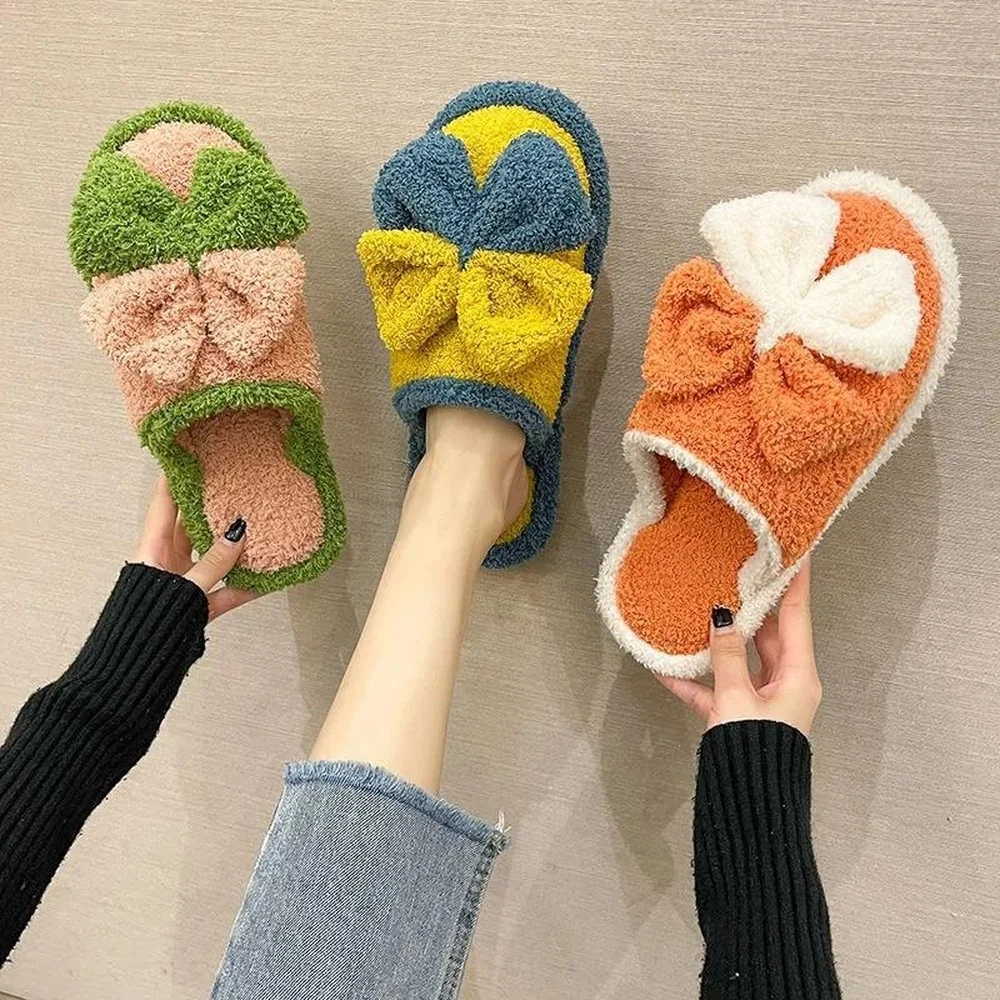 

Winter Womens Slippers Fluffy Fur Bowknot Deco Slipper Shoe Short Plush Zapato De Mujer Flats Couple Shoes Indoor Shoes