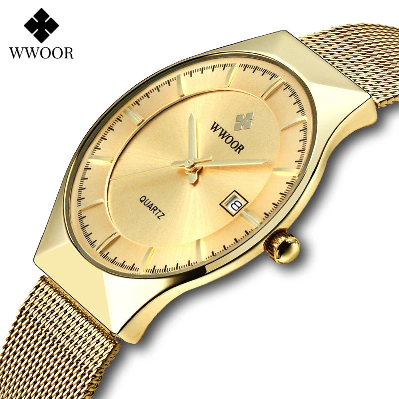 WWOOR Luxury Ultra Thin Mens Quartz Wristwatches Waterproof Casual Sports Mesh Steel Gold Automatic Date Watch Relogio Masculino