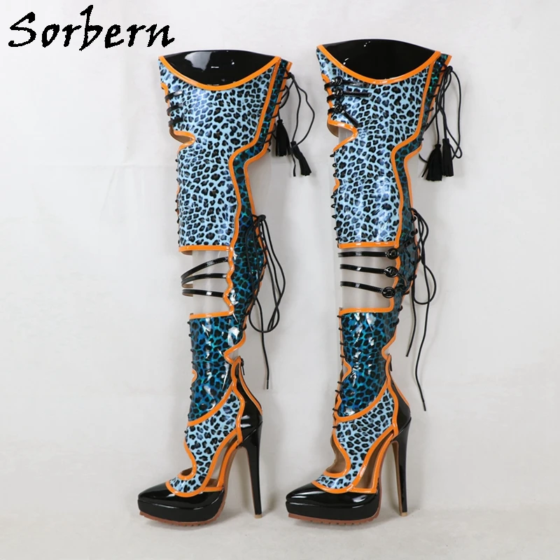 Sorbern Customized Cro Thigh Boots Women Pointed Toe Platform  High Heel Stilettos Leopard Shiny Hot Pink Fetish Shoes Lace Up