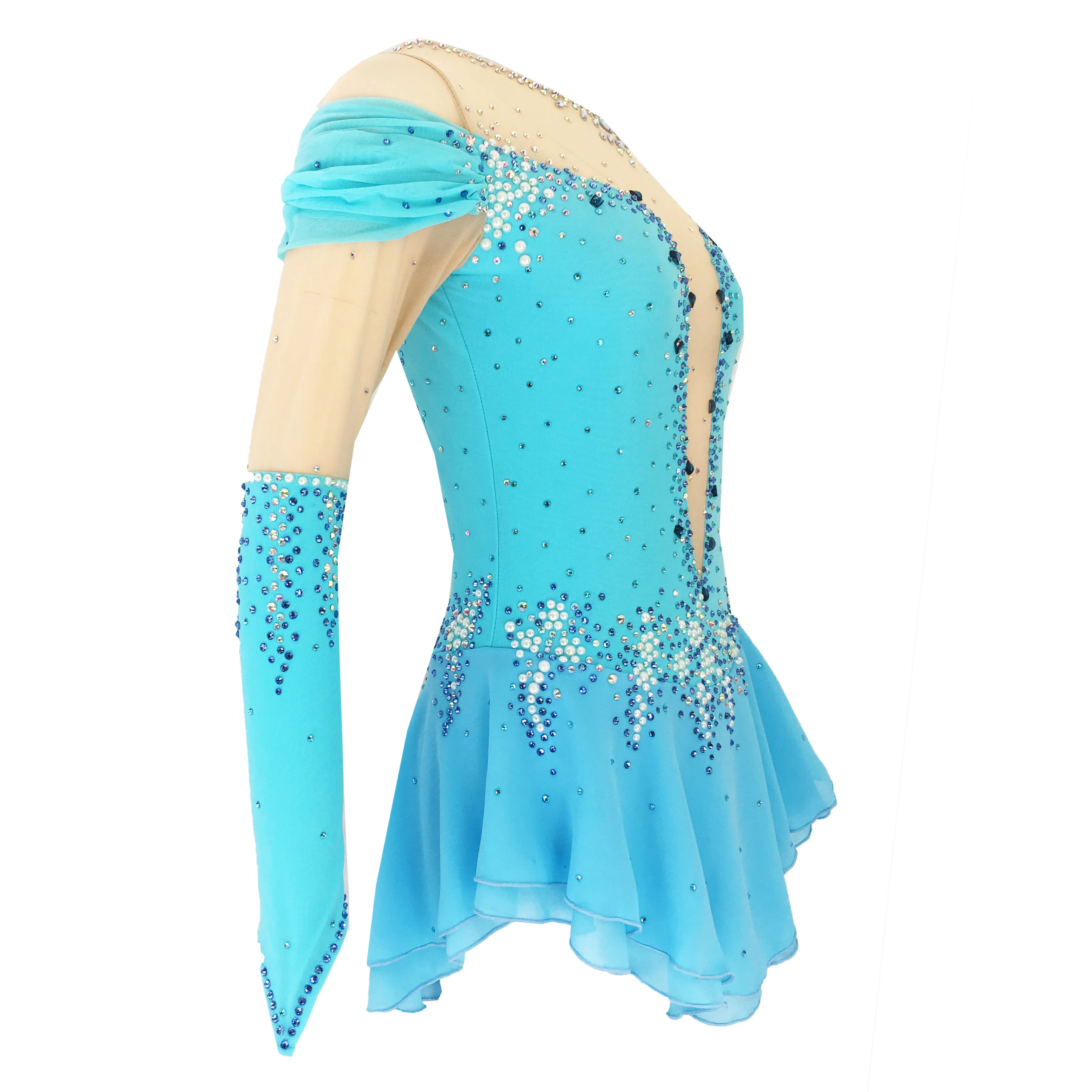 Blue Figure Skating Dress Women\'s Girls\' Ice Skating Dress Khaki Open Back Spandex High Elasticity Training Skating