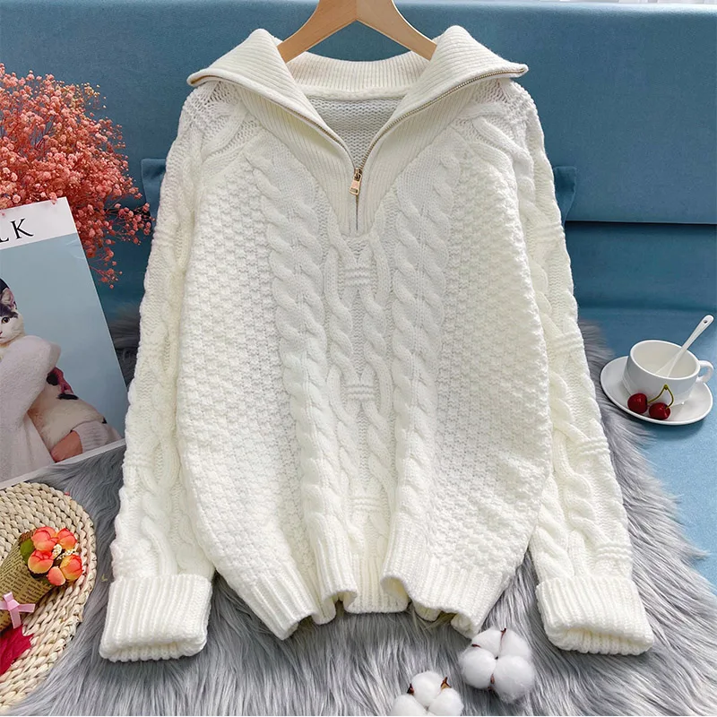 

Lapel Zipper Pullover Sweater Women New Autumn Winter Knitted Outer Wear Female Fashion Loose Ma Hua Sweater Jackets Lady Spring