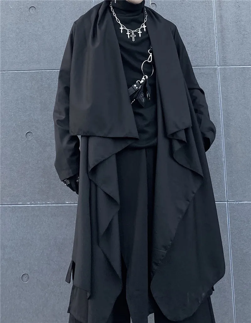 Men's Long Windbreaker Coat Black Slim Fit Loose Long Knee Length Windbreaker Men's Ins Japanese Coat Handsome Fashion