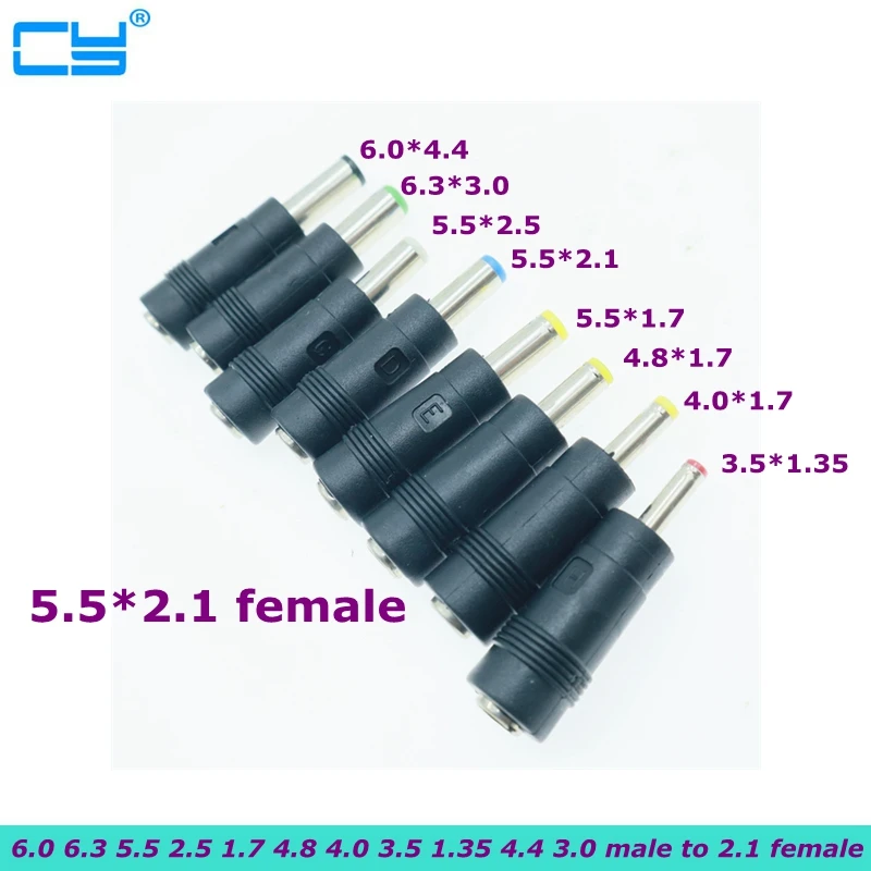 8pcs/ DC 5.5X2.1mm Female Jack Plug Adapter Connectors to 6.3 6.0 5.5 4.8 4.0 3.5mm 2.5 2.1 1.7 1.35mm Male Tips Power Adaptor