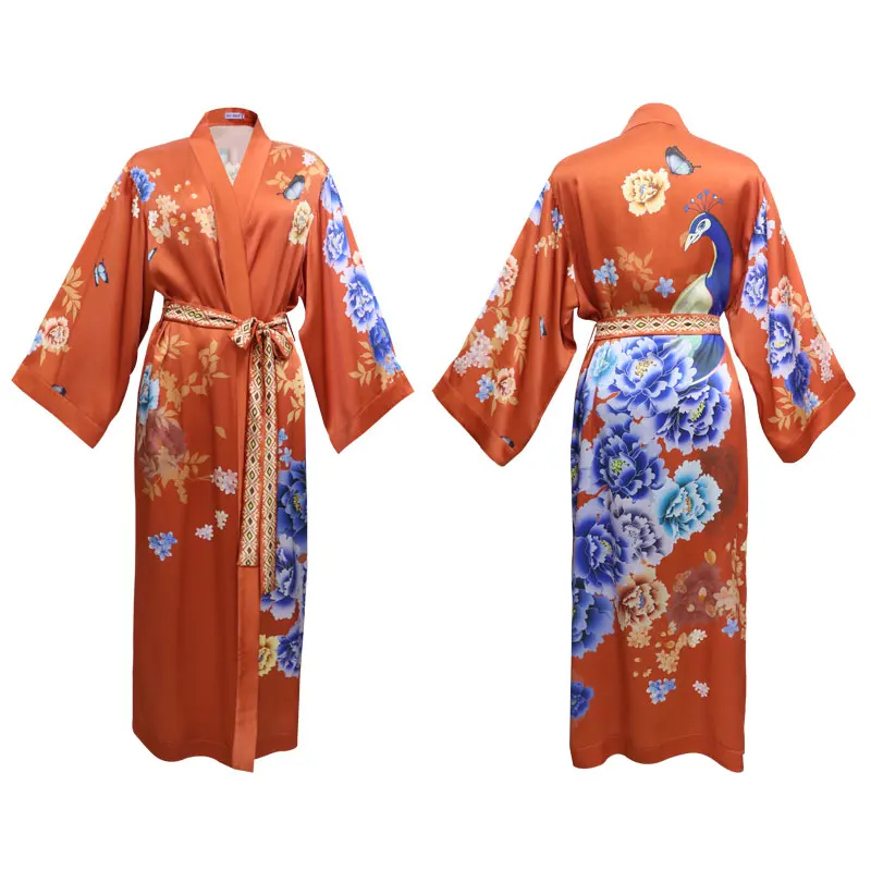 100% Silk Robe Printed Floral Vintage Female Kimono Bath Gown Long Sexy Loose Sleepwear Bathrobe With Belt Casual Home Dressing