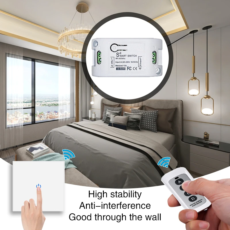 UBARO 433Mhz RF Wireless Remote Switch Module Breaker For Light On/Off  Plastic Panel Led Indicator Controller  Ac90-250V 10A