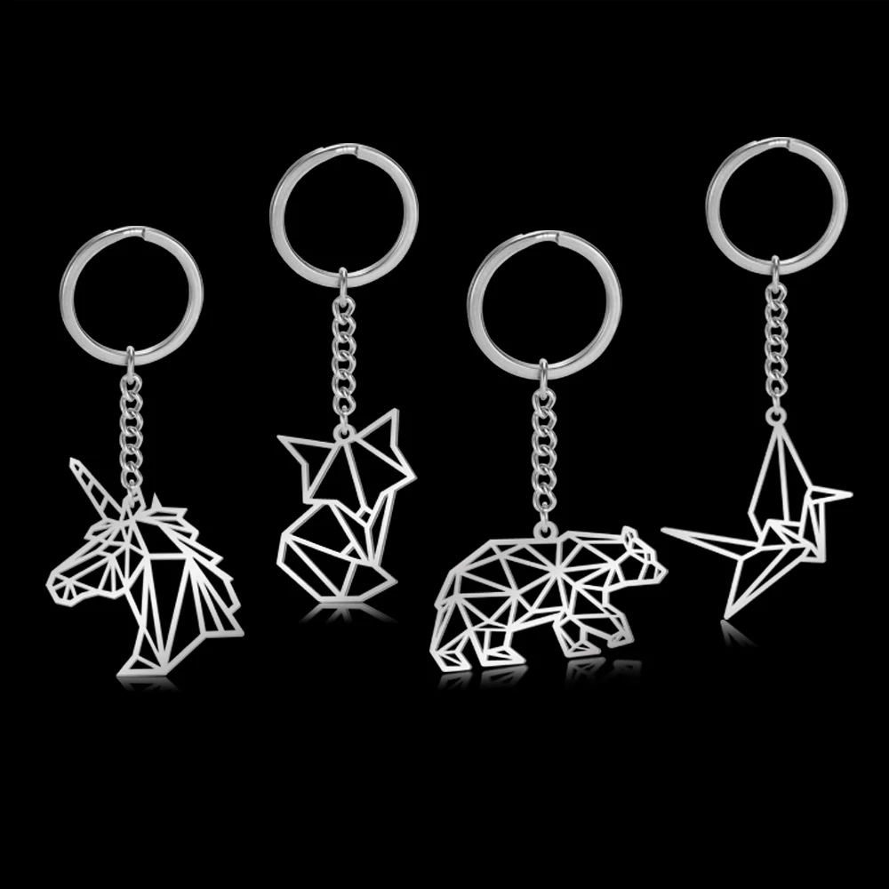 Skyrim Origami Fox Crane Leopard Unicorn Charm Car Keychain Stainless Steel Bear Rabbit Bird Key Ring Holder Gift for Men Women