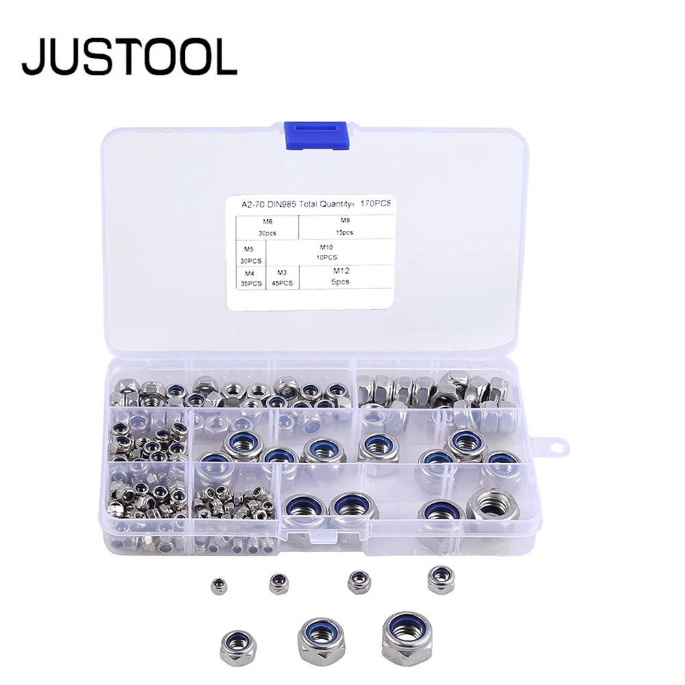 

JUSTOOL 304 Stainless Steel M3 M4 M5 M6 M8 M10 M12 170 Pcs Locknut Assortment Nylon Nuts Lock nut Locknuts