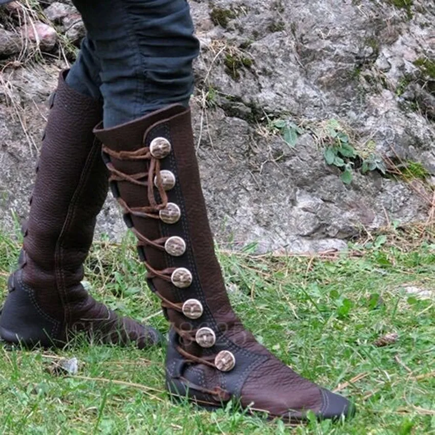 Medieval Retro Women Zipper PU Leather Viking Pirate Boots Retro Botton Men Knight Hunter Carnival Party Cosplay Shoes Steampunk