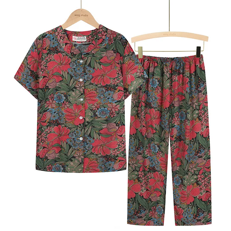 UHYTGF Middle-Aged Elderly Womens Suit Fashion Printing Casual Thin Summer Two-Piece Set Comfortable 3XL Big Size Tracksuit 1378