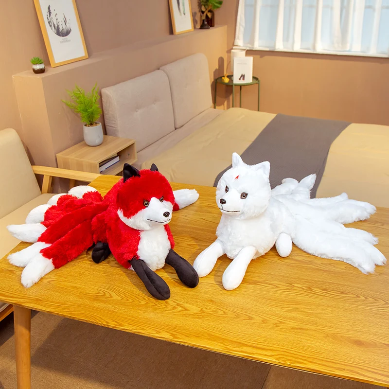 Cute White&Red Nine Tails Fox Plush Toys Stuffed Animal Real Life Nine-Tailed Fox Kyuubi Kitsune Soft Dolls Gift