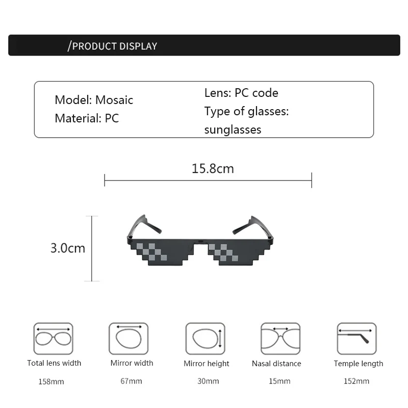 Black Mosaic Sunglasses Funny Toy Mosaic Strip Sunglasses Trick Toy Retro Thug Life Glasses Deal With It Glasses Pixel Women Men