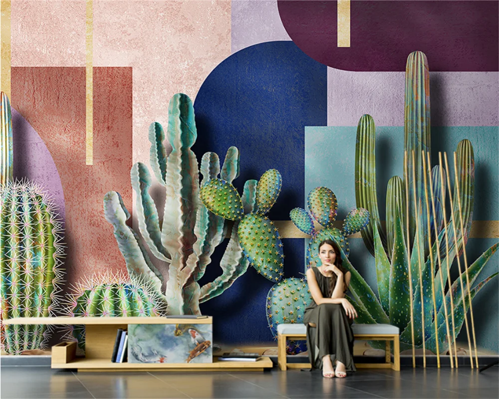 

beibehang Custom Nordic Modern Cactus Plant Living Room Bedroom TV Background WallPaper papel de parede wall papers home decor