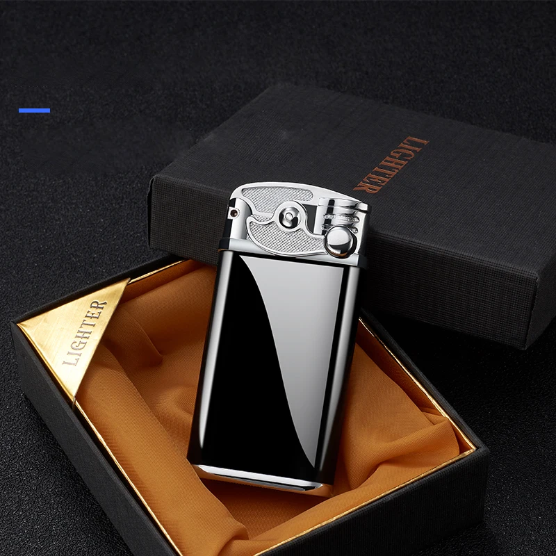 Rocker Arm Butane Lighter without Gas, Creative Electronic, Windproof, Inflatable, Metal, Personality, Blue Flame