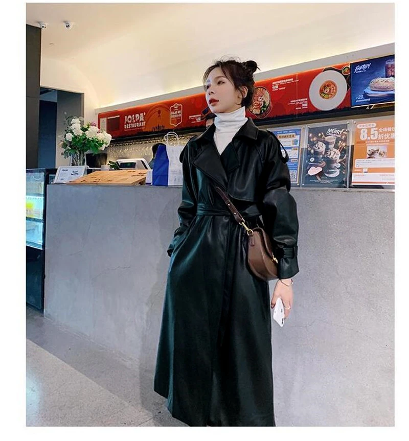 Nerazzurri Spring Black Oversized Long Waterproof Leather Trench Coat for Women 2021 Long Sleeve Loose Korean Fashion Clothing