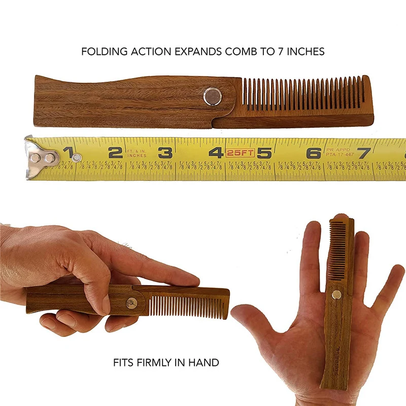 Men\'s Pocket Comb Folding Wooden Beard Comb with Leather Case Sandalwood Hair Combs Set for Men Perfect For Use With Beard Balm