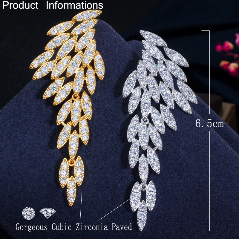 CWWZircons Elegant 18k Gold Plated Cubic Zirconia Long Dangle Feather Wing Drop Earrings for Women Fashion Boho Jewelry CZ640